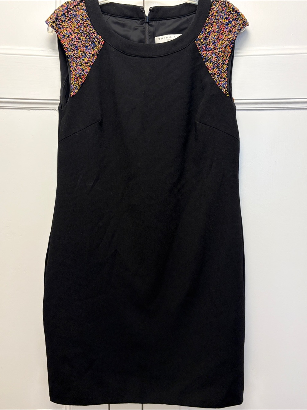Trina Turk Black Sheath Dress with Multicolor Tweed Shoulders